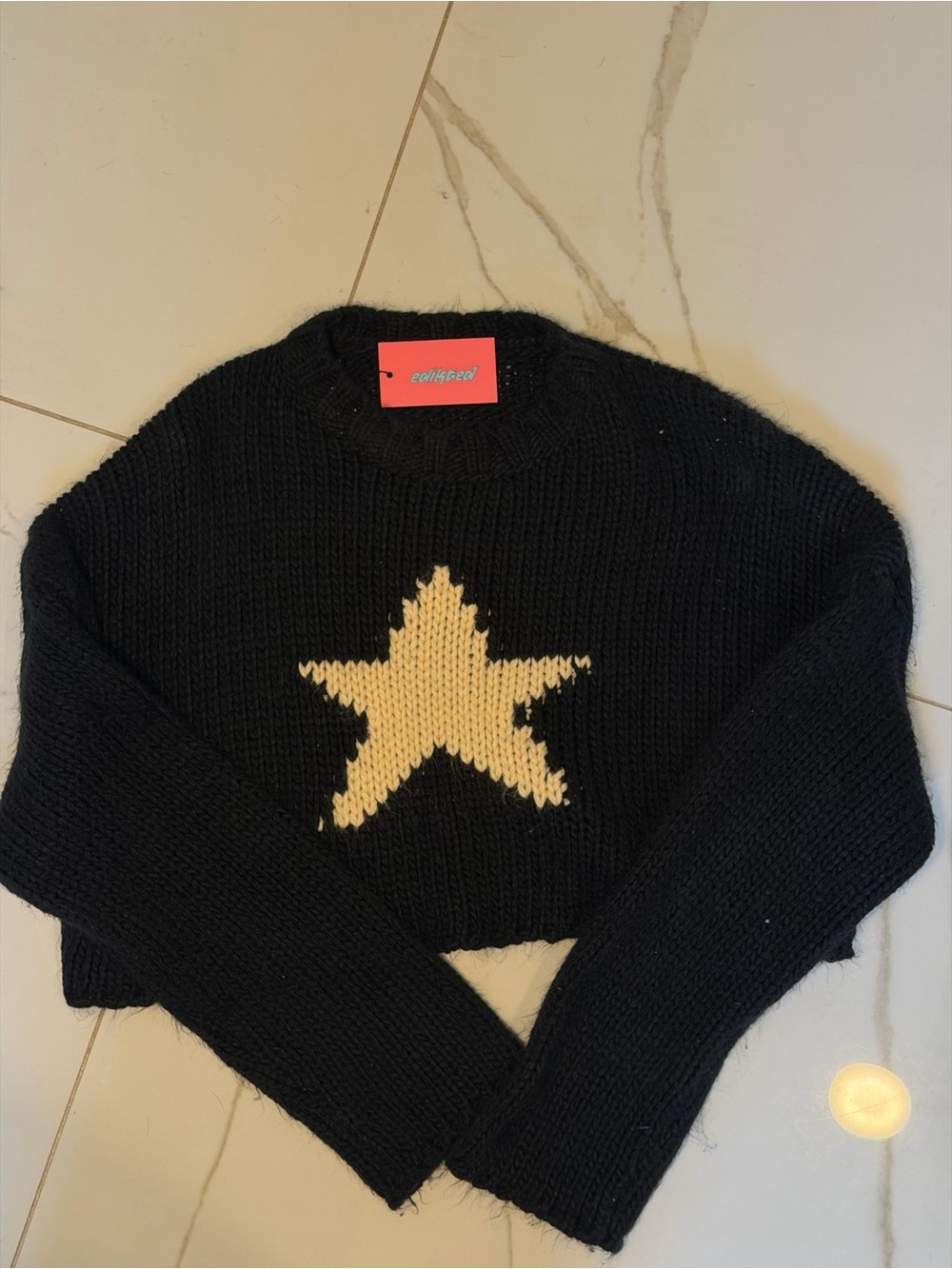 Edikted Black Crop Sweater with Cream Star Motif